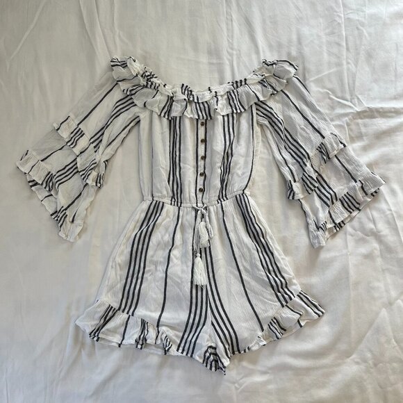 American Eagle Outfitters Pants - American Eagle White Black Stripe Boho Flare Sleeve Romper | Size XS